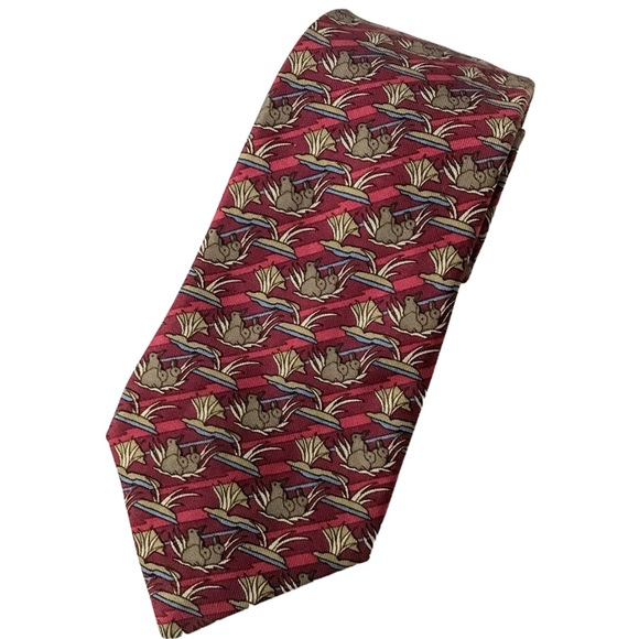 HERMES Tie Bunny Rabbit Tie Luxury Silk Red Background with Brown Tan Blue - Picture 12 of 12